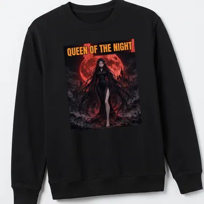 Illustration of a Vampire Queen with the words 'QUEEN OF THE NIGHT' in bold text — printed on a unisex sweatshirt