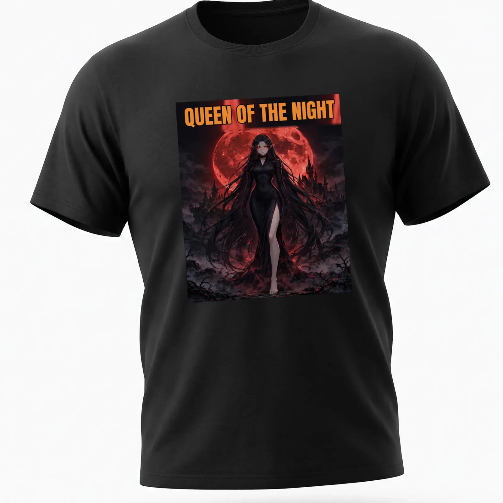 Illustration of a Vampire Queen with the words 'QUEEN OF THE NIGHT' in bold text — printed on a unisex t-shirt