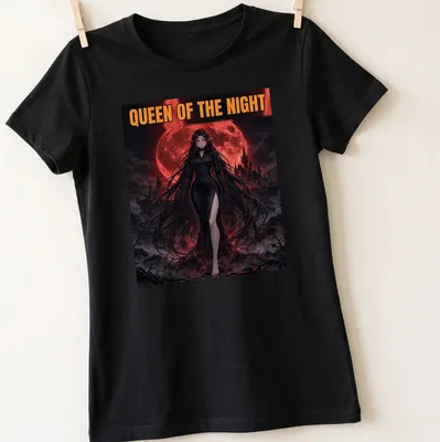 Illustration of a Vampire Queen with the words 'QUEEN OF THE NIGHT' in bold text — printed on a women's shirt