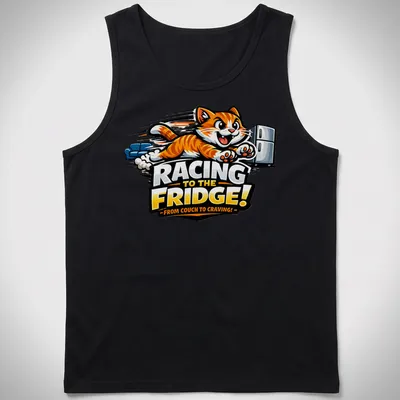 Cartoon of an orange tabby cat racing to the fridge with playful text in bright colors — printed on a tank top