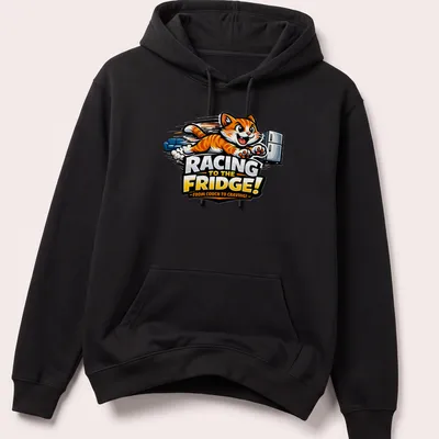 Cartoon of an orange tabby cat racing to the fridge with playful text in bright colors — printed on a unisex hoodie