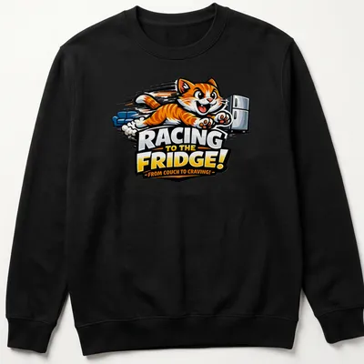 Cartoon of an orange tabby cat racing to the fridge with playful text in bright colors — printed on a unisex sweatshirt