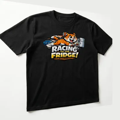 Cartoon of an orange tabby cat racing to the fridge with playful text in bright colors — printed on a unisex t-shirt (angled view)