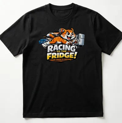 Cartoon of an orange tabby cat racing to the fridge with playful text in bright colors