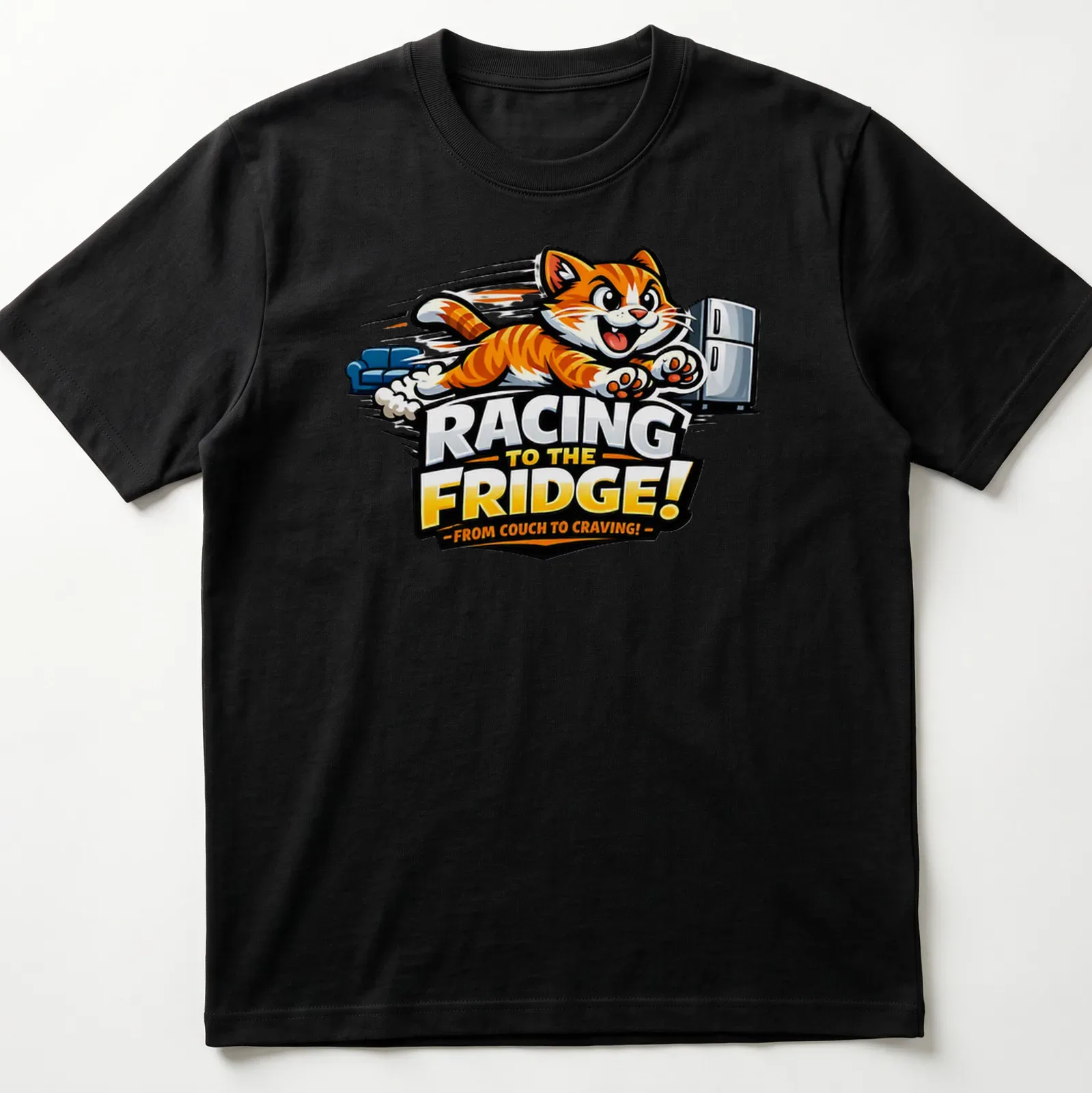 Cartoon of an orange tabby cat racing to the fridge with playful text in bright colors — printed on a unisex t-shirt