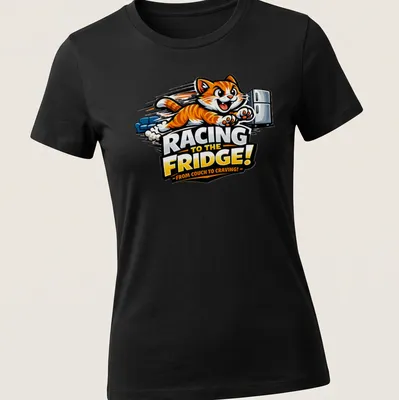 Cartoon of an orange tabby cat racing to the fridge with playful text in bright colors — printed on a women's shirt
