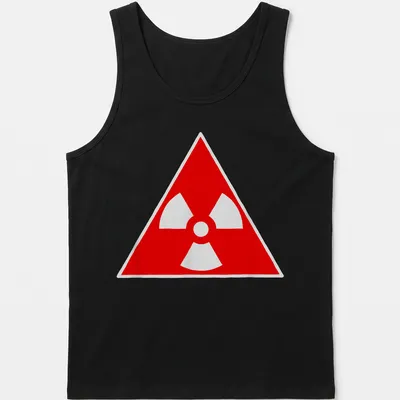 Vintage radioactive symbol graphic on a red — printed on a tank top