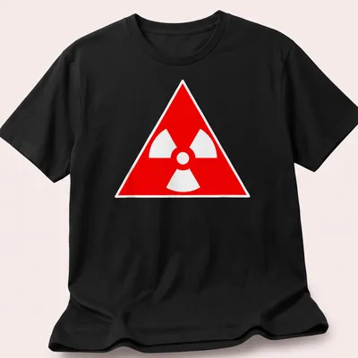 Vintage radioactive symbol graphic on a red t-shirt