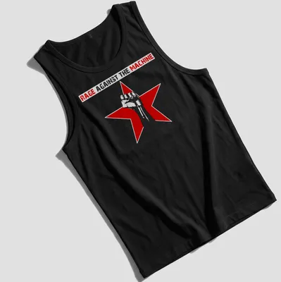 Bold graphic of a raised fist inside a red star with text above — printed on a tank top