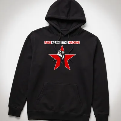 Bold graphic of a raised fist inside a red star with text above — printed on a unisex hoodie