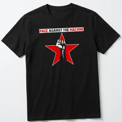 Bold graphic of a raised fist inside a red star with text above — printed on a unisex t-shirt