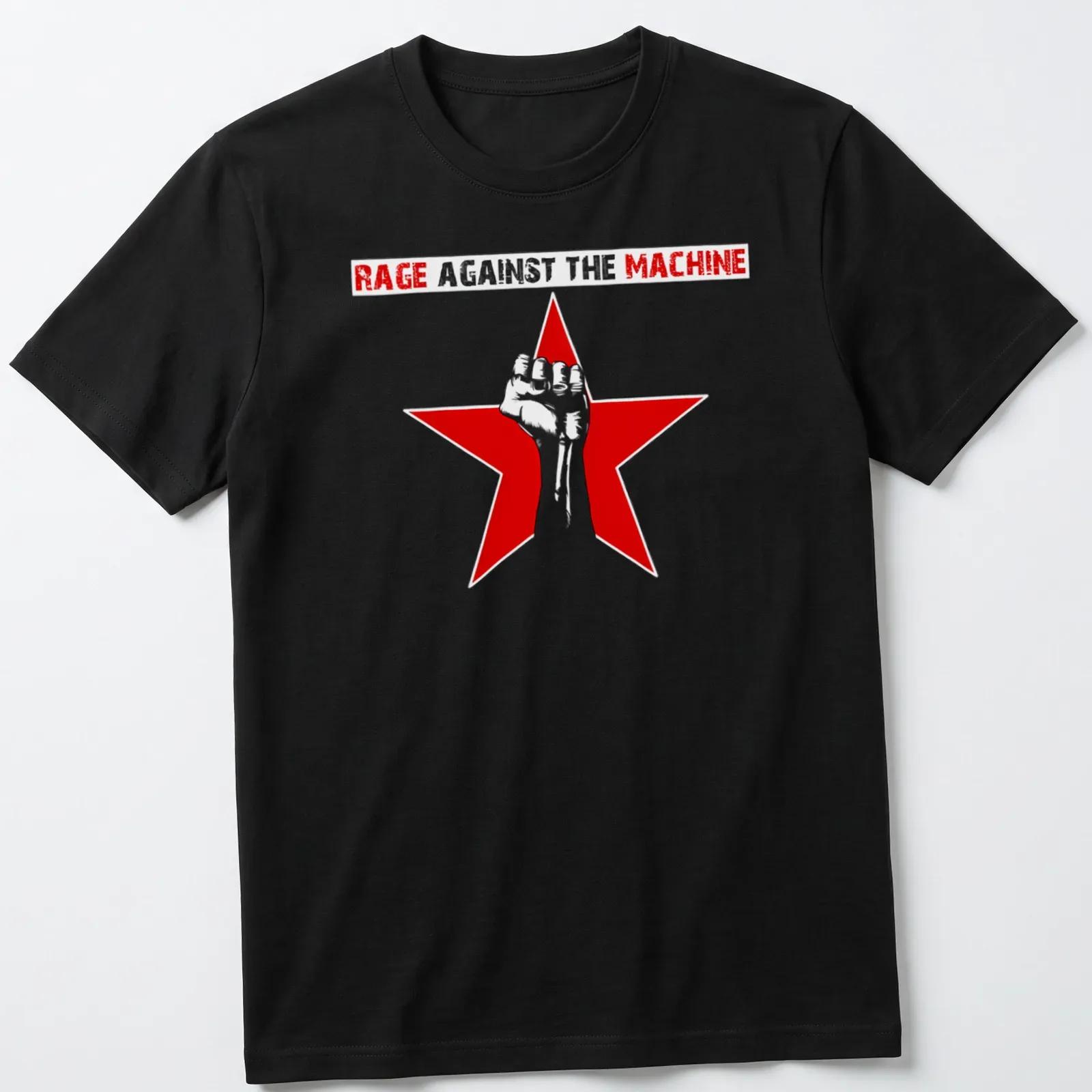 Bold graphic of a raised fist inside a red star with text above — printed on a unisex t-shirt