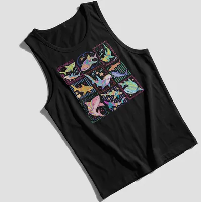 Colorful kawaii sharks illustration with playful text for kids' — printed on a tank top