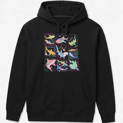 Colorful kawaii sharks illustration with playful text for kids' — printed on a unisex hoodie