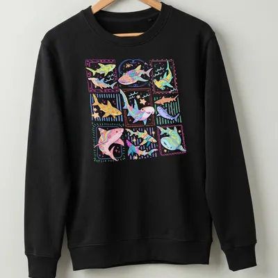 Colorful kawaii sharks illustration with playful text for kids' — printed on a unisex sweatshirt