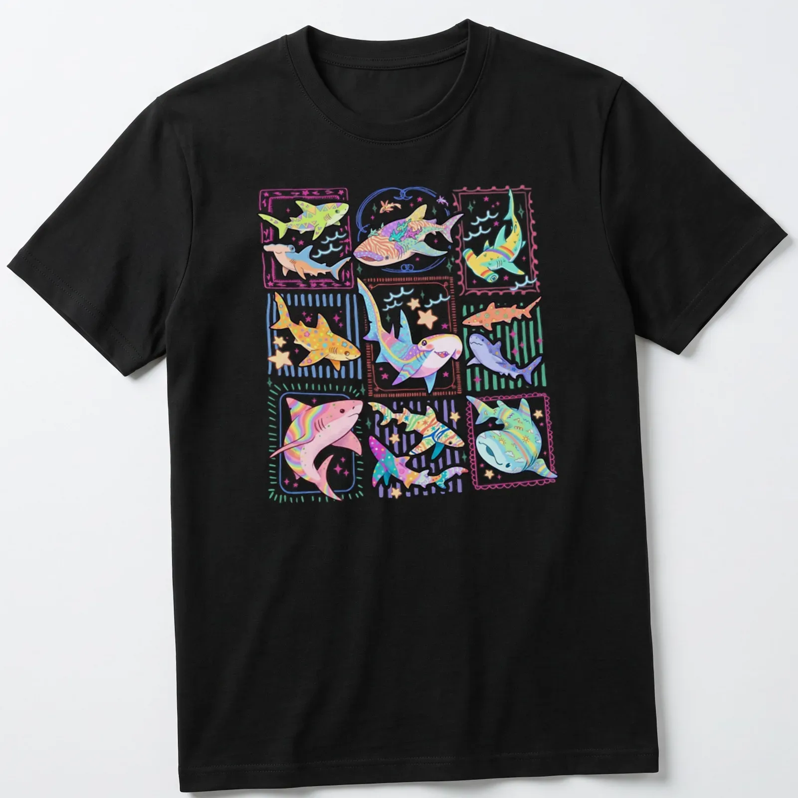 Colorful kawaii sharks illustration with playful text for kids' — printed on a unisex t-shirt