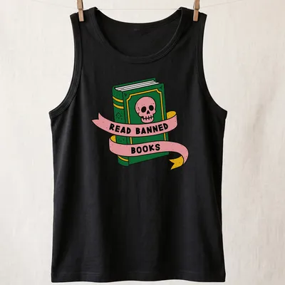 Bold cartoon design featuring a skull and book with the text 'READ BANNED BOOKS' — printed on a tank top