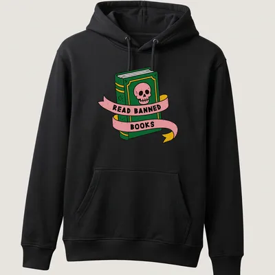 Bold cartoon design featuring a skull and book with the text 'READ BANNED BOOKS' — printed on a unisex hoodie