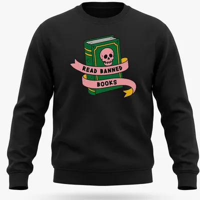 Bold cartoon design featuring a skull and book with the text 'READ BANNED BOOKS' — printed on a unisex sweatshirt