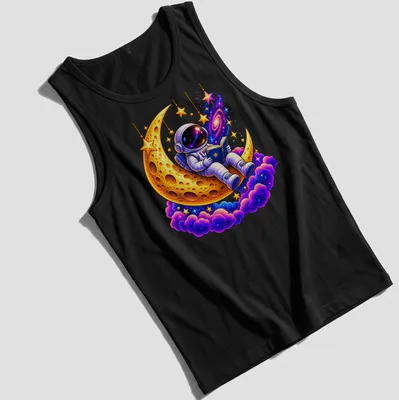 Cartoon astronaut reading on a colorful golden crescent moon — printed on a tank top