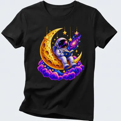 Cartoon astronaut reading on a colorful golden crescent moon — printed on a women's shirt