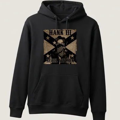 Vintage western Hank III shirt with bold text and rustic colors — printed on a unisex hoodie