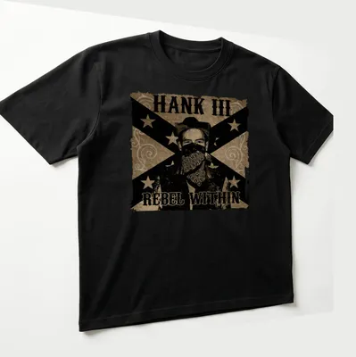 Vintage western Hank III shirt with bold text and rustic colors — printed on a unisex t-shirt (angled view)