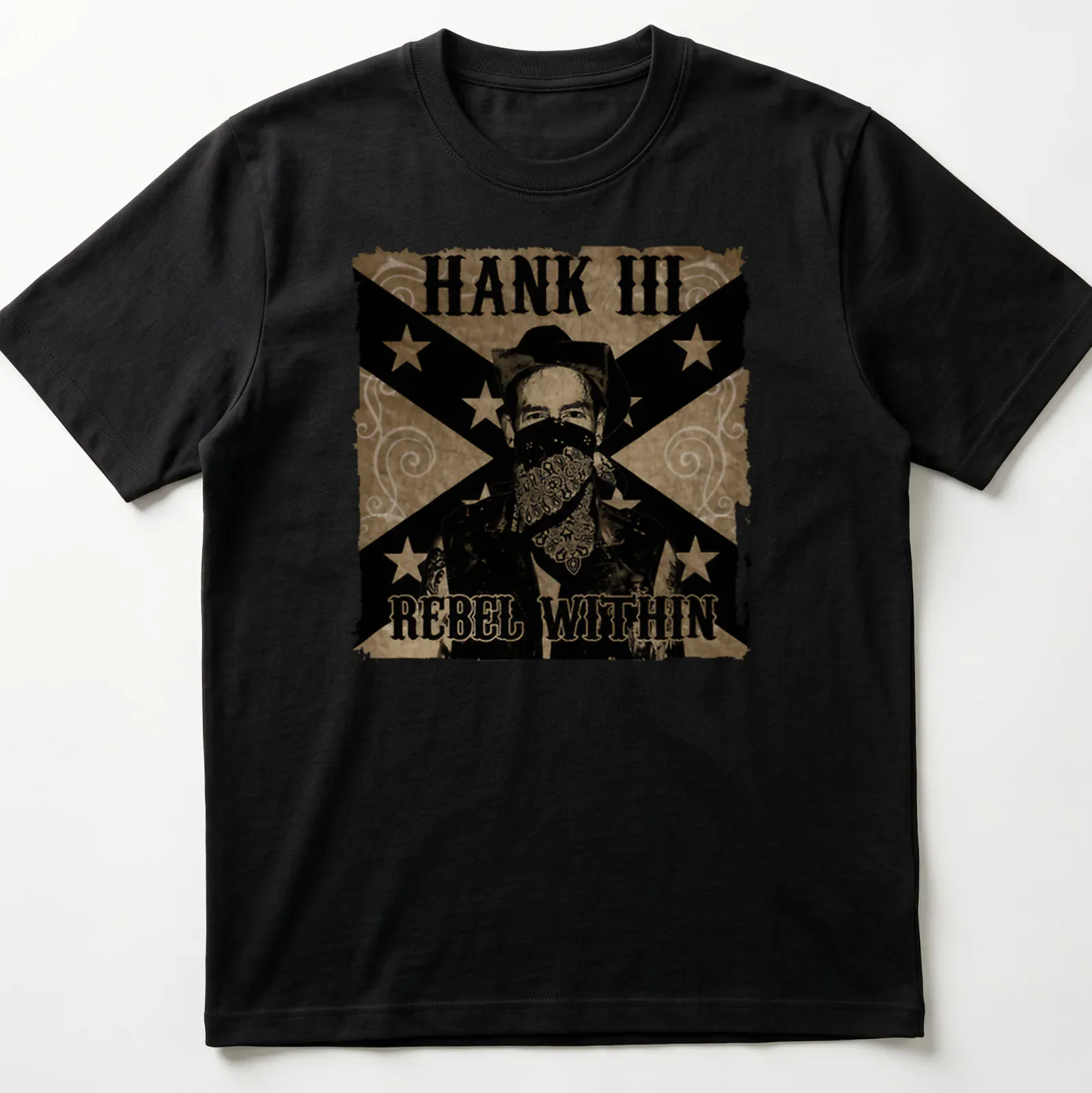 Vintage western Hank III shirt with bold text and rustic colors — printed on a unisex t-shirt