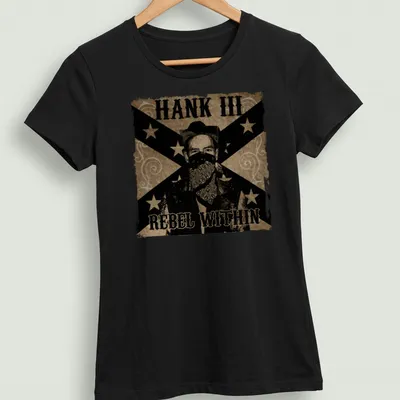 Vintage western Hank III shirt with bold text and rustic colors — printed on a women's shirt