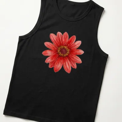 Watercolor print of a red daisy on a floral botanical — printed on a tank top