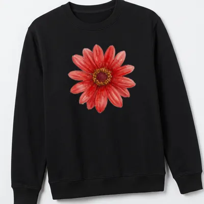 Watercolor print of a red daisy on a floral botanical — printed on a unisex sweatshirt