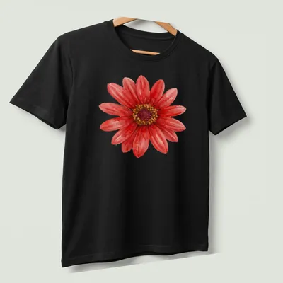 Watercolor print of a red daisy on a floral botanical — printed on a unisex t-shirt (angled view)