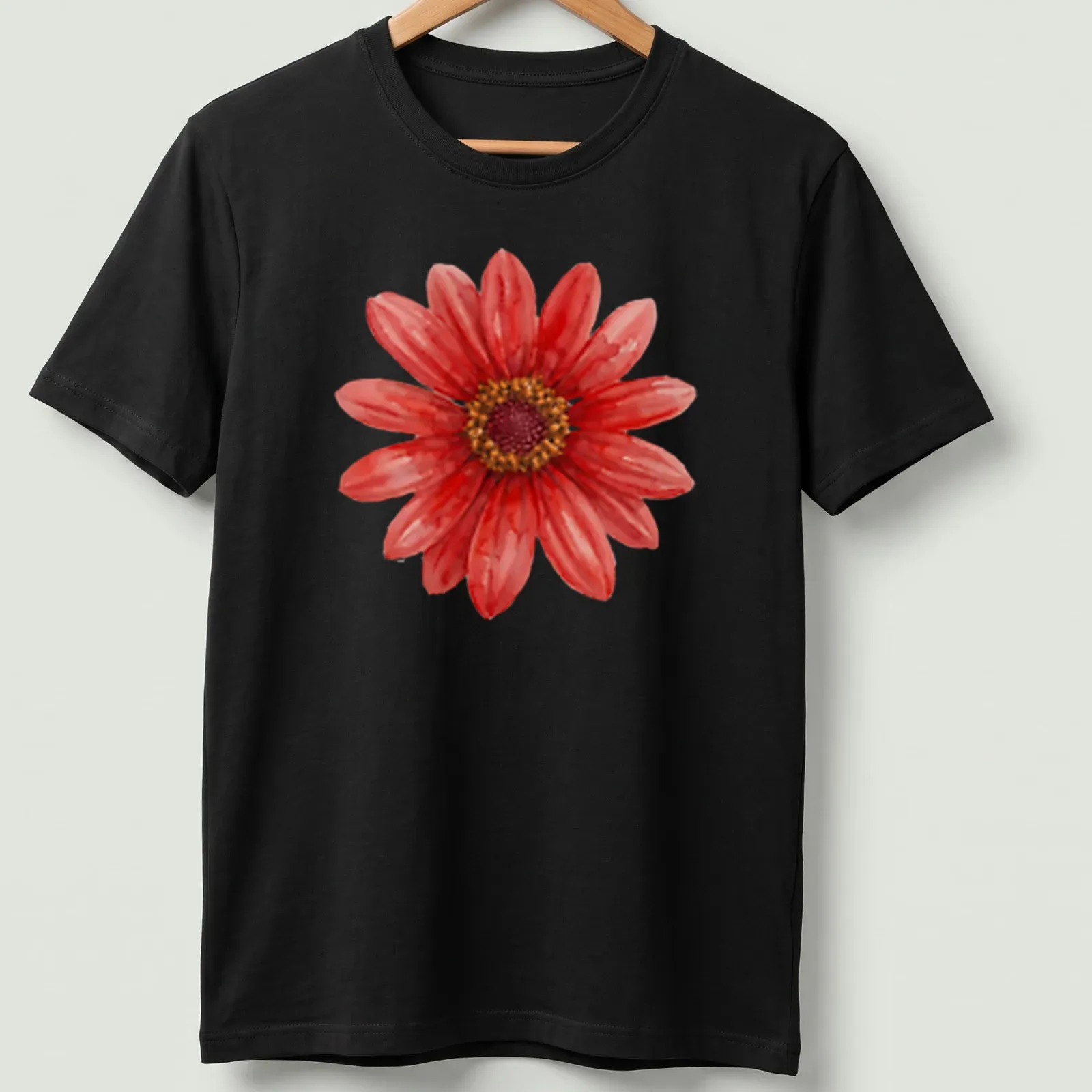 Watercolor print of a red daisy on a floral botanical — printed on a unisex t-shirt