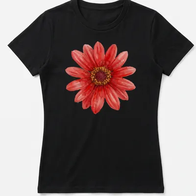 Watercolor print of a red daisy on a floral botanical — printed on a women's shirt