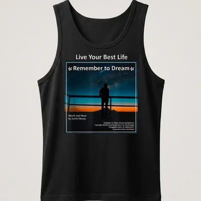 Silhouette gazing at stars with inspirational text in blue, black, orange, and white — printed on a tank top