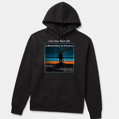 Silhouette gazing at stars with inspirational text in blue, black, orange, and white — printed on a unisex hoodie