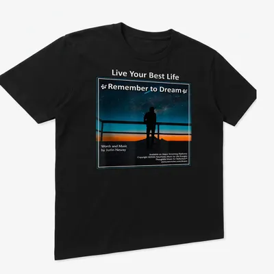 Silhouette gazing at stars with inspirational text in blue, black, orange, and white — printed on a unisex t-shirt (angled view)