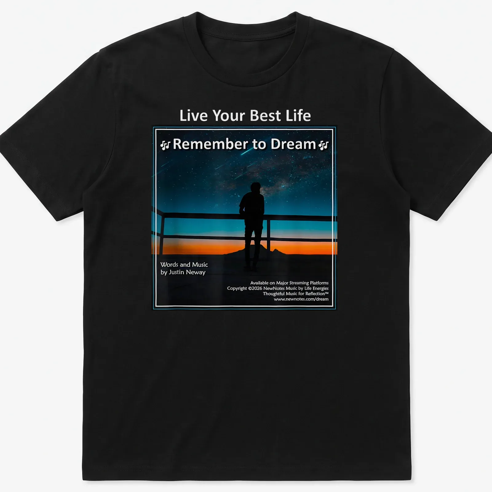 Silhouette gazing at stars with inspirational text in blue, black, orange, and white — printed on a unisex t-shirt