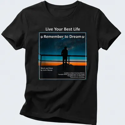 Silhouette gazing at stars with inspirational text in blue, black, orange, and white — printed on a women's shirt