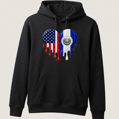 Colorful dripping design featuring USA and El Salvador flags with a heart motif — printed on a unisex hoodie