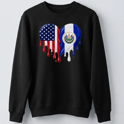 Colorful dripping design featuring USA and El Salvador flags with a heart motif — printed on a unisex sweatshirt
