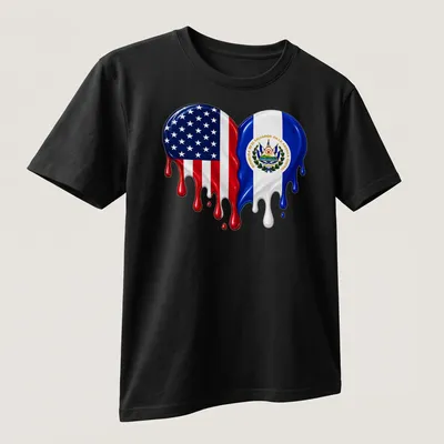 Colorful dripping design featuring USA and El Salvador flags with a heart motif — printed on a unisex t-shirt (angled view)