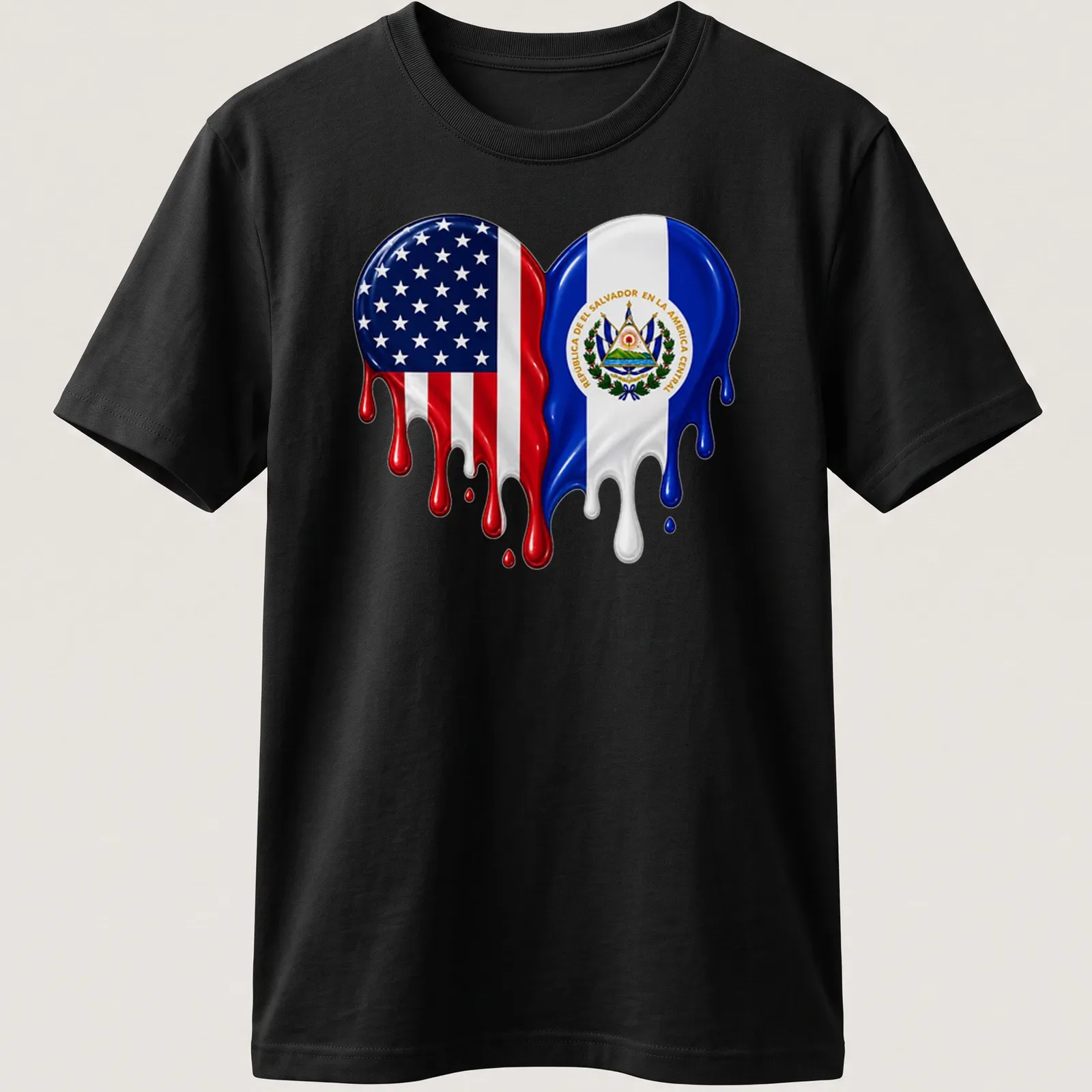 Colorful dripping design featuring USA and El Salvador flags with a heart motif — printed on a unisex t-shirt