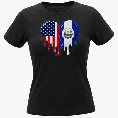 Colorful dripping design featuring USA and El Salvador flags with a heart motif — printed on a women's shirt