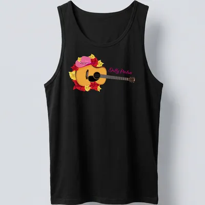 Colorful floral acoustic guitar design with tribute text for Dolly Parton — printed on a tank top