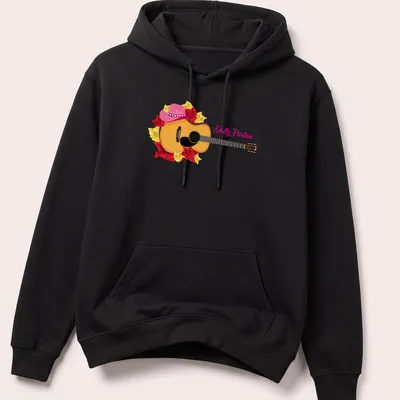 Colorful floral acoustic guitar design with tribute text for Dolly Parton — printed on a unisex hoodie