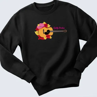 Colorful floral acoustic guitar design with tribute text for Dolly Parton — printed on a unisex sweatshirt