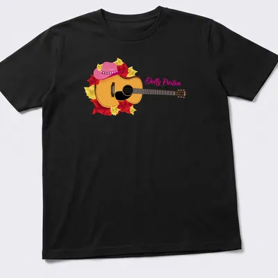 Colorful floral acoustic guitar design with tribute text for Dolly Parton — printed on a unisex t-shirt