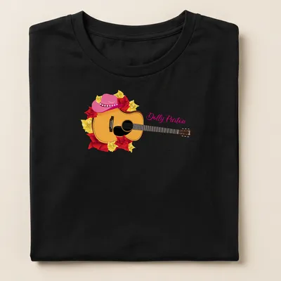 Colorful floral acoustic guitar design with tribute text for Dolly Parton — printed on a women's shirt