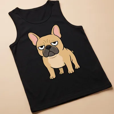 Cartoon grumpy French Bulldog T-shirt with beige and black colors — printed on a tank top